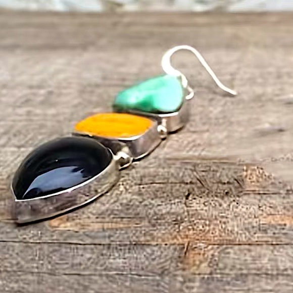 Silver Vintage Stone Boho Geometric Dangle Earrings - Picture 4 of 5